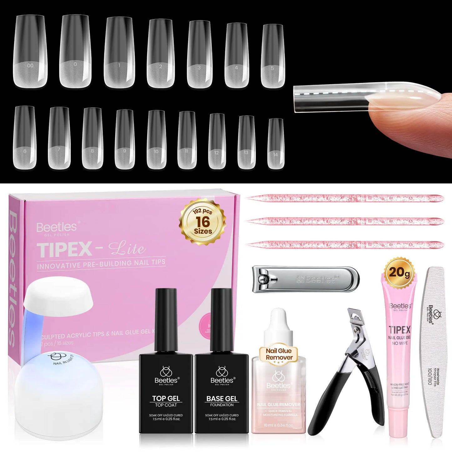 Transform Your Nails with the Beetles Tipex Lite Instant Apex Nail Tips Kit – 192 Full Cover Clear Nails, Mini UV Lamp, and All Essentials Included!