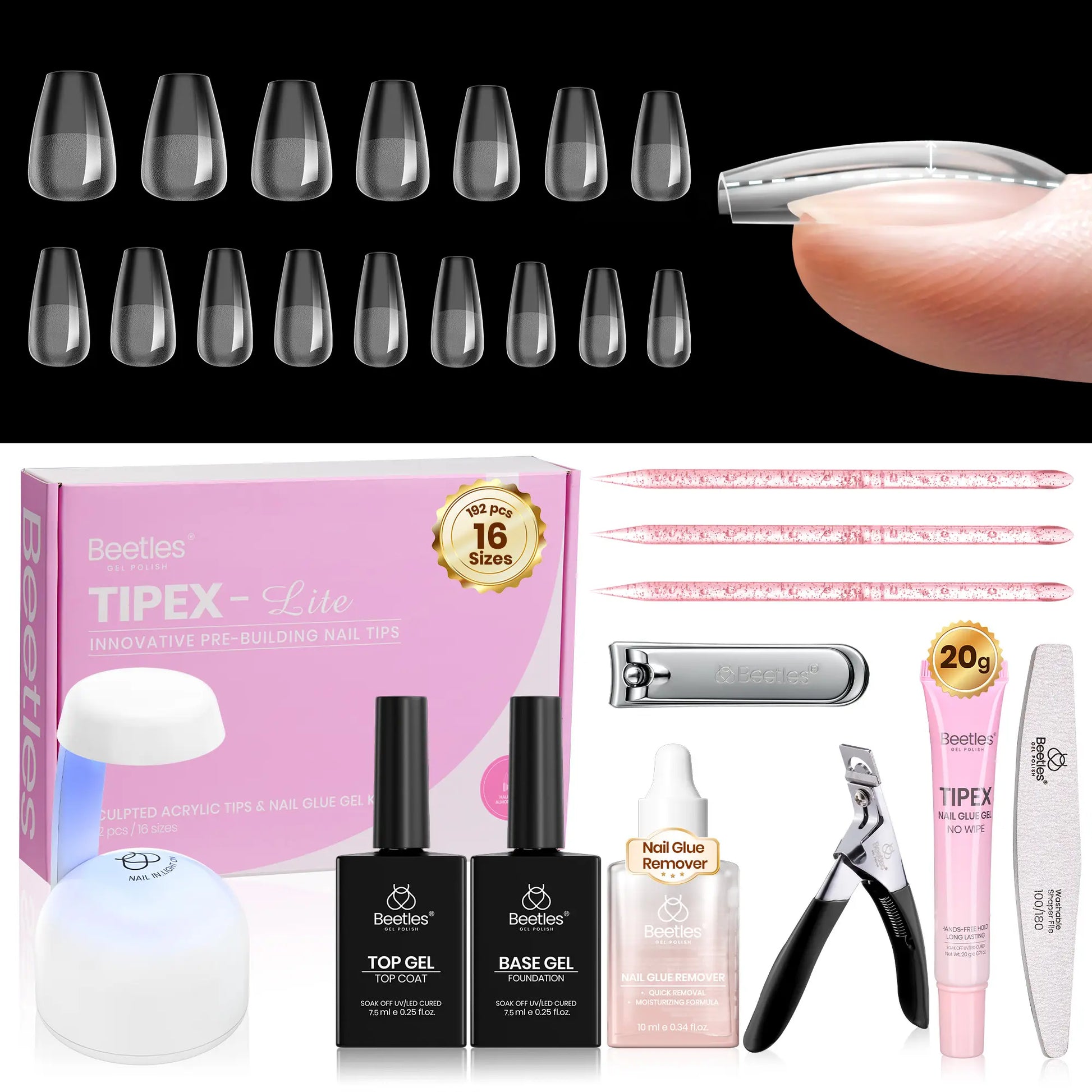 Transform Your Nails with the Beetles Tipex Lite Instant Apex Nail Tips Kit – 192 Full Cover Clear Nails, Mini UV Lamp, and All Essentials Included!