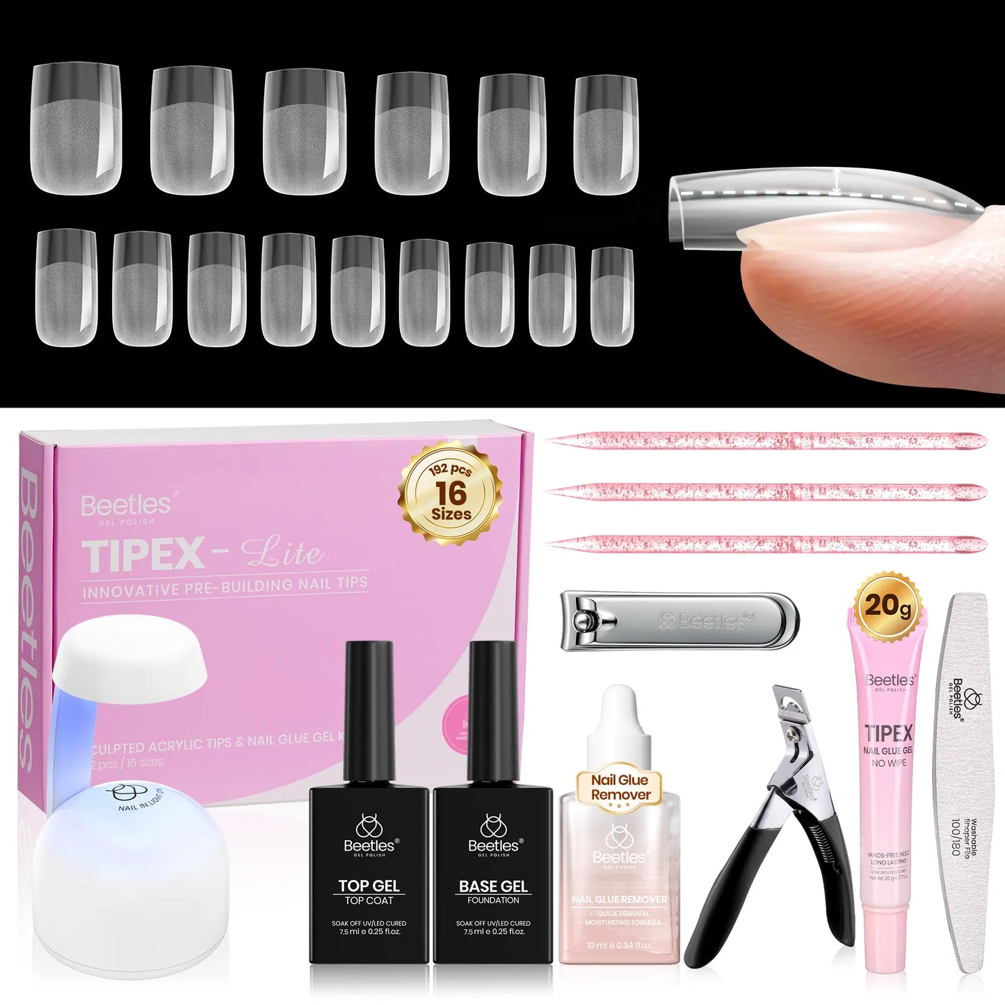 Transform Your Nails with the Beetles Tipex Lite Instant Apex Nail Tips Kit – 192 Full Cover Clear Nails, Mini UV Lamp, and All Essentials Included!