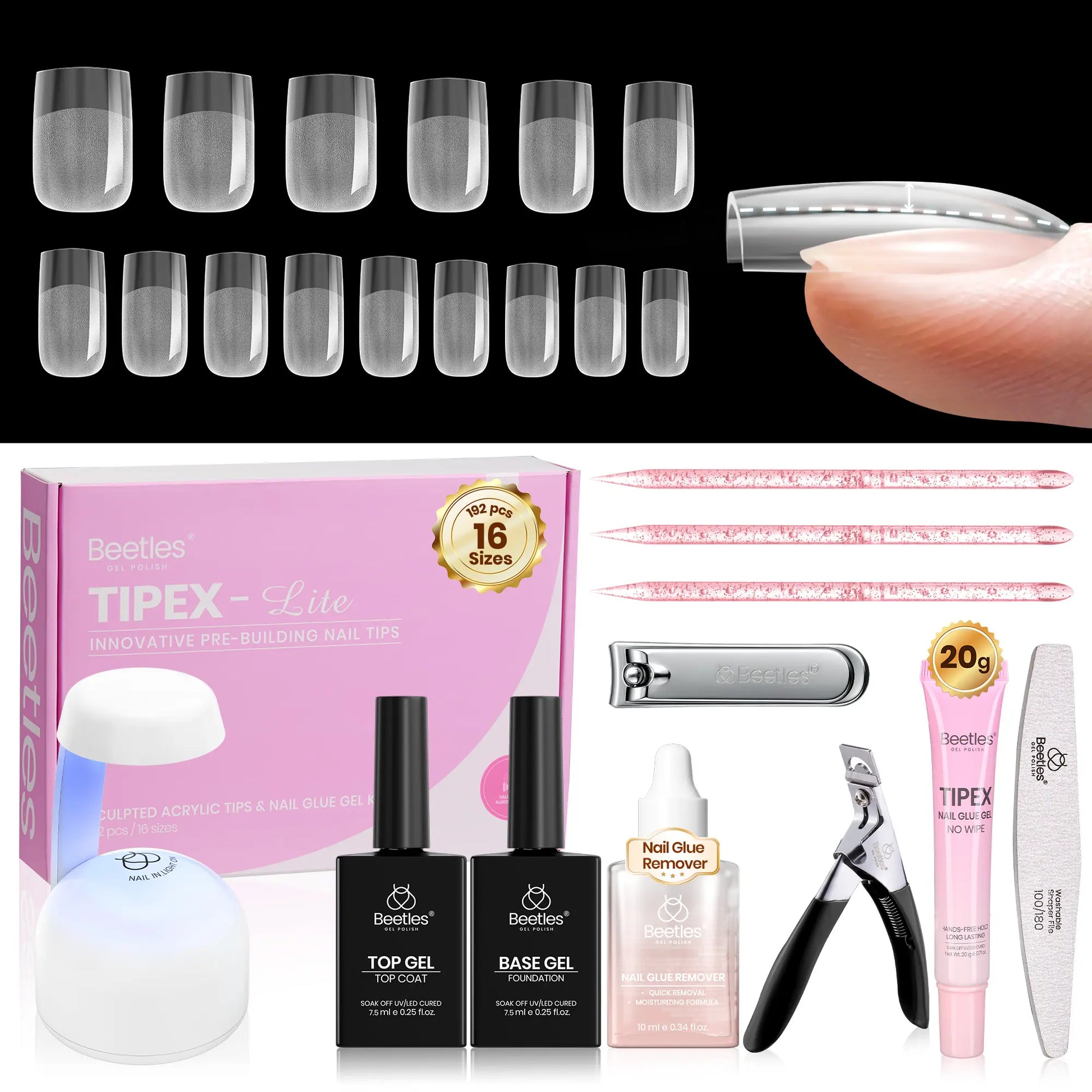 Transform Your Nails with the Beetles Tipex Lite Instant Apex Nail Tips Kit – 192 Full Cover Clear Nails, Mini UV Lamp, and All Essentials Included!