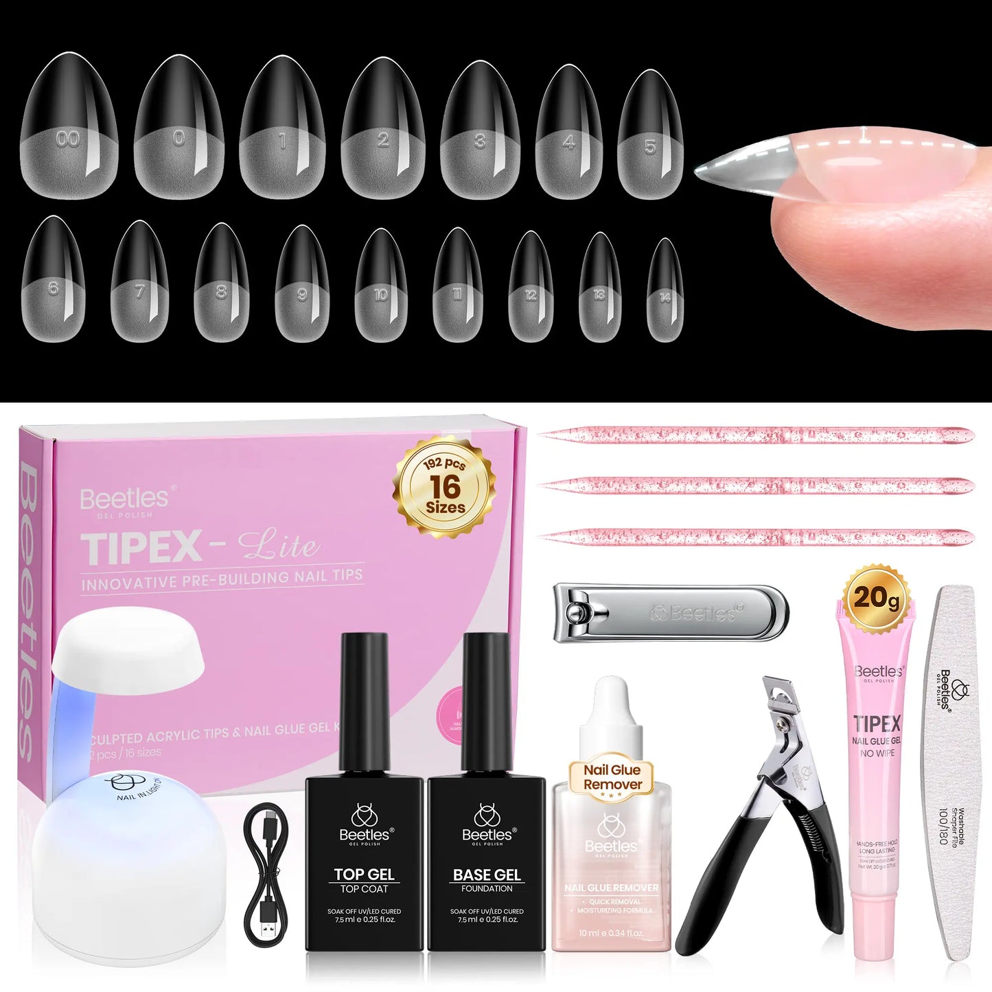 Transform Your Nails with the Beetles Tipex Lite Instant Apex Nail Tips Kit – 192 Full Cover Clear Nails, Mini UV Lamp, and All Essentials Included!