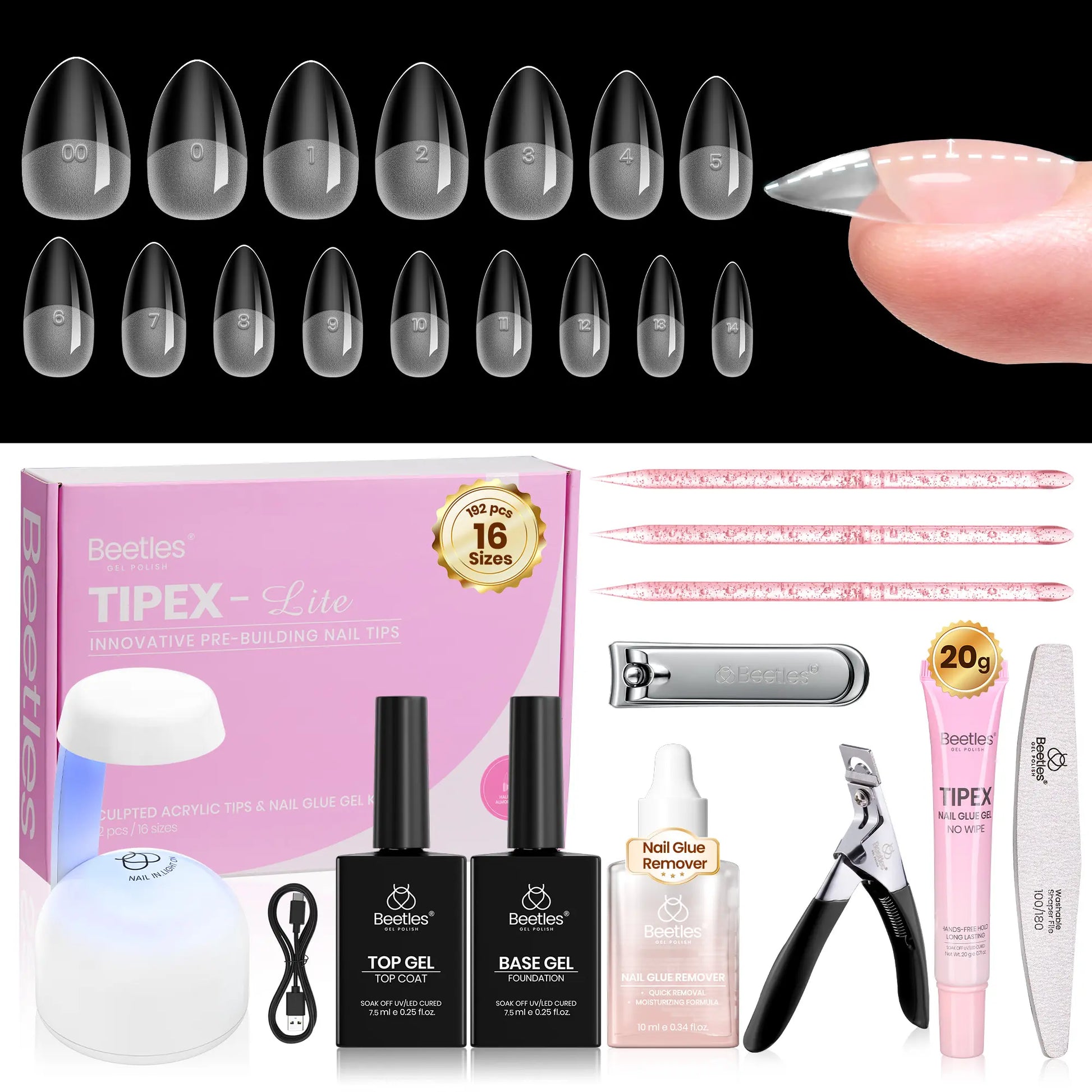 Transform Your Nails with the Beetles Tipex Lite Instant Apex Nail Tips Kit – 192 Full Cover Clear Nails, Mini UV Lamp, and All Essentials Included!