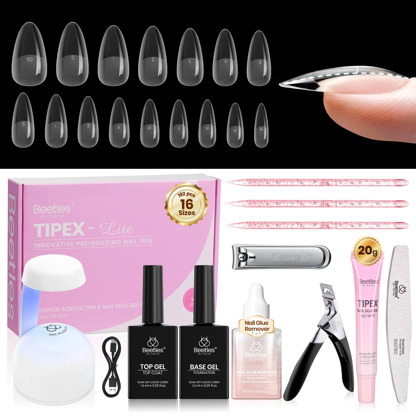 Transform Your Nails with the Beetles Tipex Lite Instant Apex Nail Tips Kit – 192 Full Cover Clear Nails, Mini UV Lamp, and All Essentials Included!