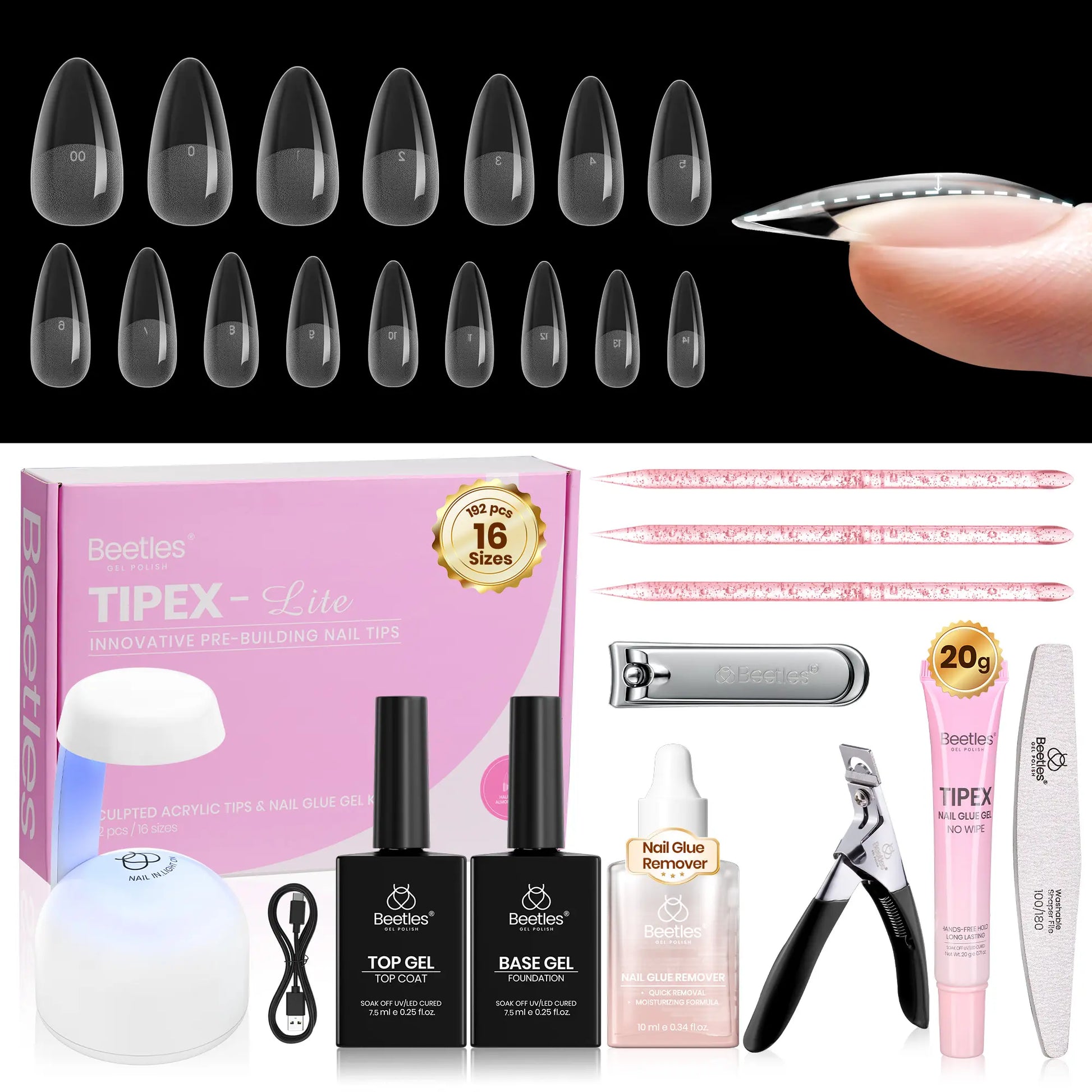 Transform Your Nails with the Beetles Tipex Lite Instant Apex Nail Tips Kit – 192 Full Cover Clear Nails, Mini UV Lamp, and All Essentials Included!
